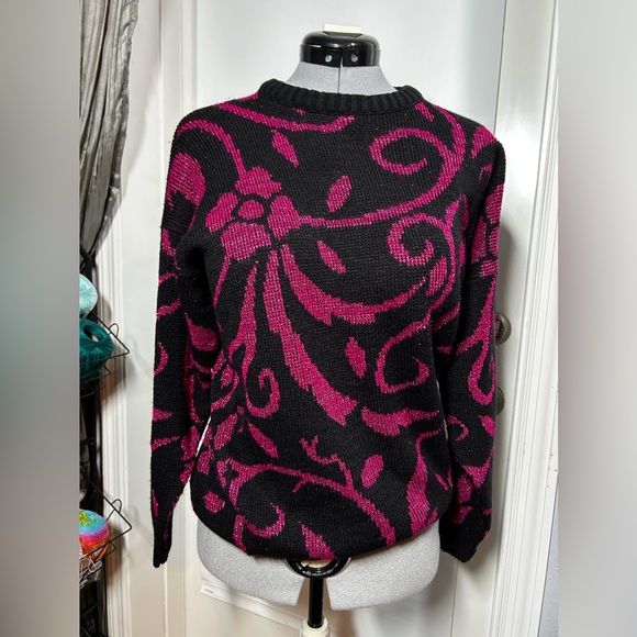 Vintage 80s Ann Hill Floral-Esc Pink and Black Shimmery Sweater - Picture 1 of 6
